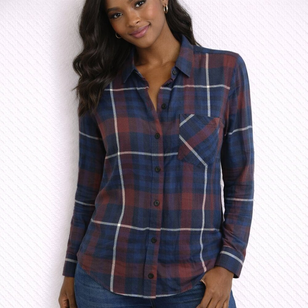 Cloth & Stone Aurora Plaid Button Down Shirt S Red Blue Long Sleeve Top